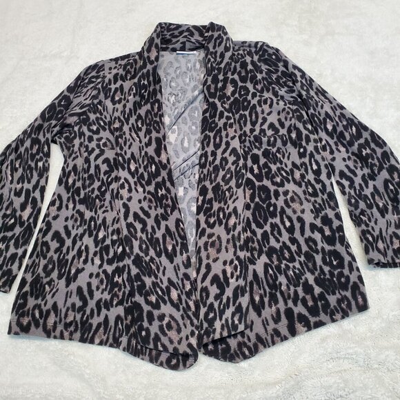 Susan Graver Gray Black‎ Leopard Animal Print Open Front Long Cardigan Women XL - Picture 1 of 7